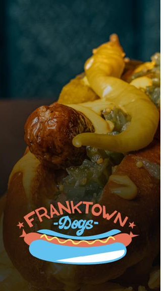 Franktown Dogs: Chicago-style hot dog with pickled chilli, with the Franktown Dogs logo
