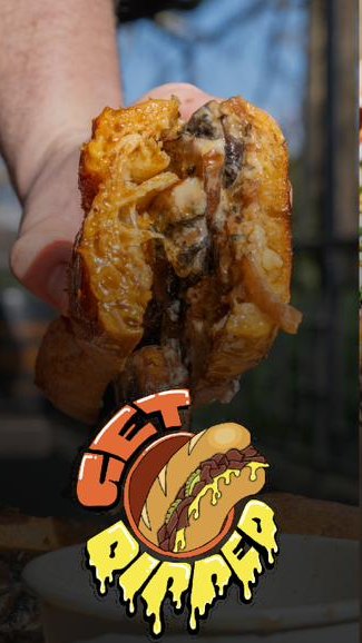 Get Dipped: cheese-loaded French dip sandwich, with the Get Dipped logo